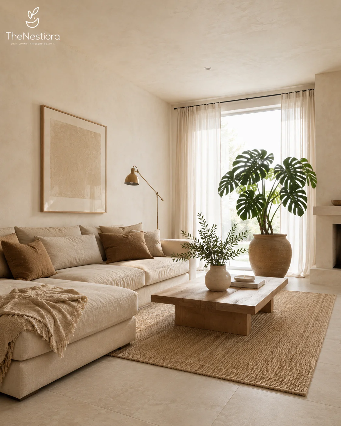 Multiple neutral tones layered across surfaces in a warm living room