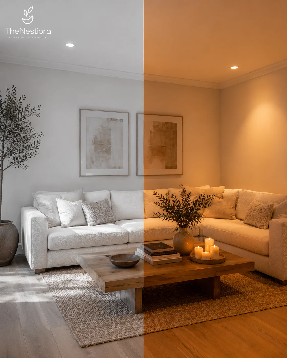 Split image of the same living room — cool 5000K white on the left looking flat, warm 2700K amber on the right looking cozy