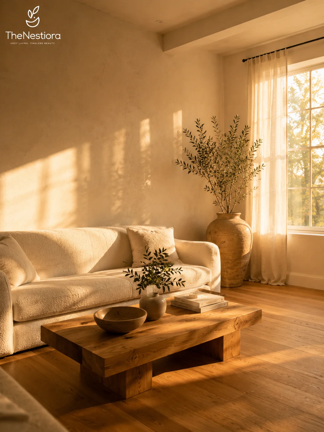 A living room in warm-white plaster walls with a cream sofa, oak coffee table, and a tall ceramic floor vase