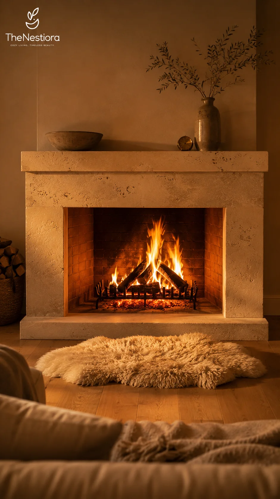 A wood-burning fireplace in a raw limestone surround with a roaring fire and a sheepskin warming on the hearth