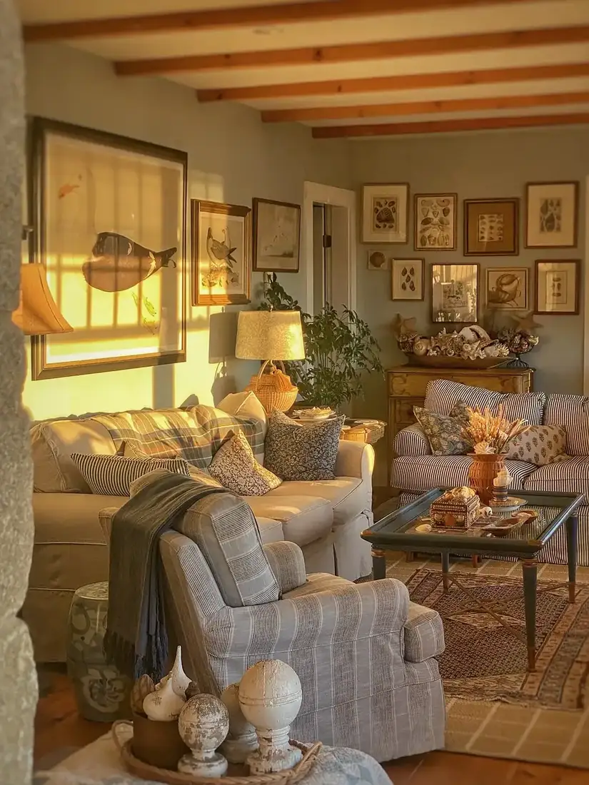 English cottage living room with fireplace, warm lamps and layered textiles
