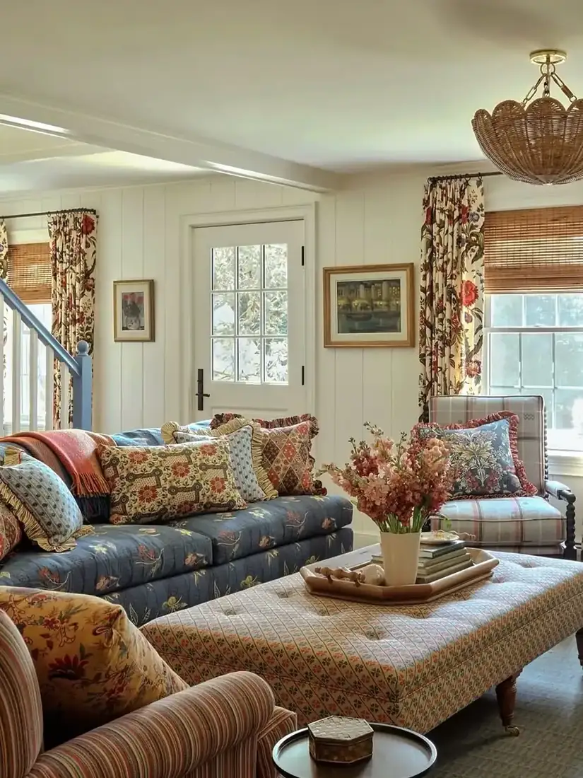English cottage living room with plain sofa, floral textiles and warm wood accents