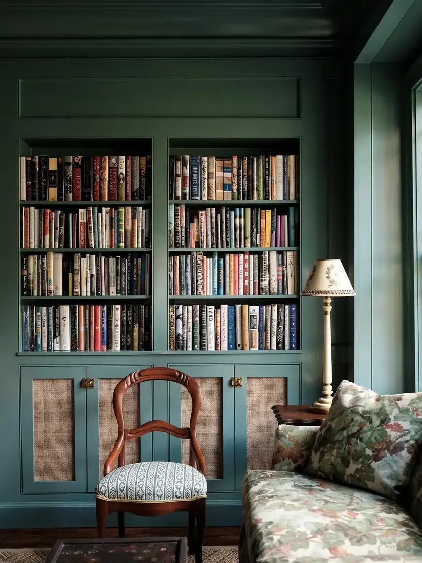 Dark green built-in bookshelves flanking fireplace in cozy living room
