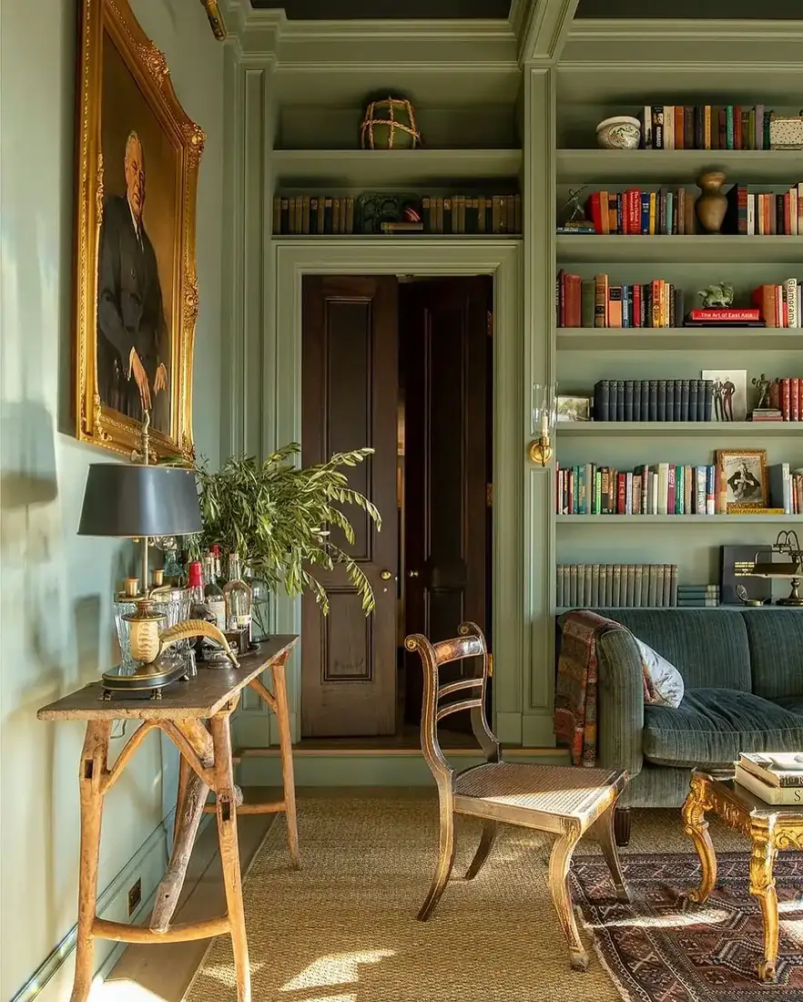 Sage green built-in bookshelves in small living room with sofa and calm decor