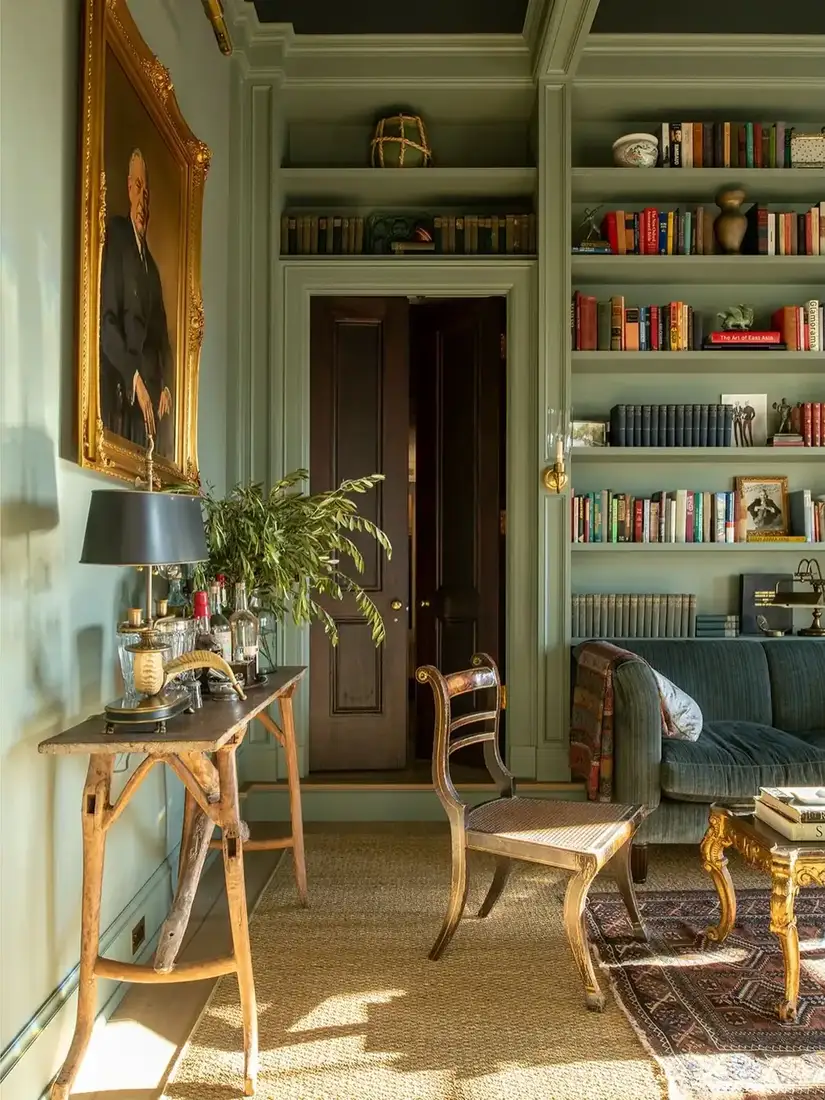 Sage green living room bookshelves styled with airy decor and second angle