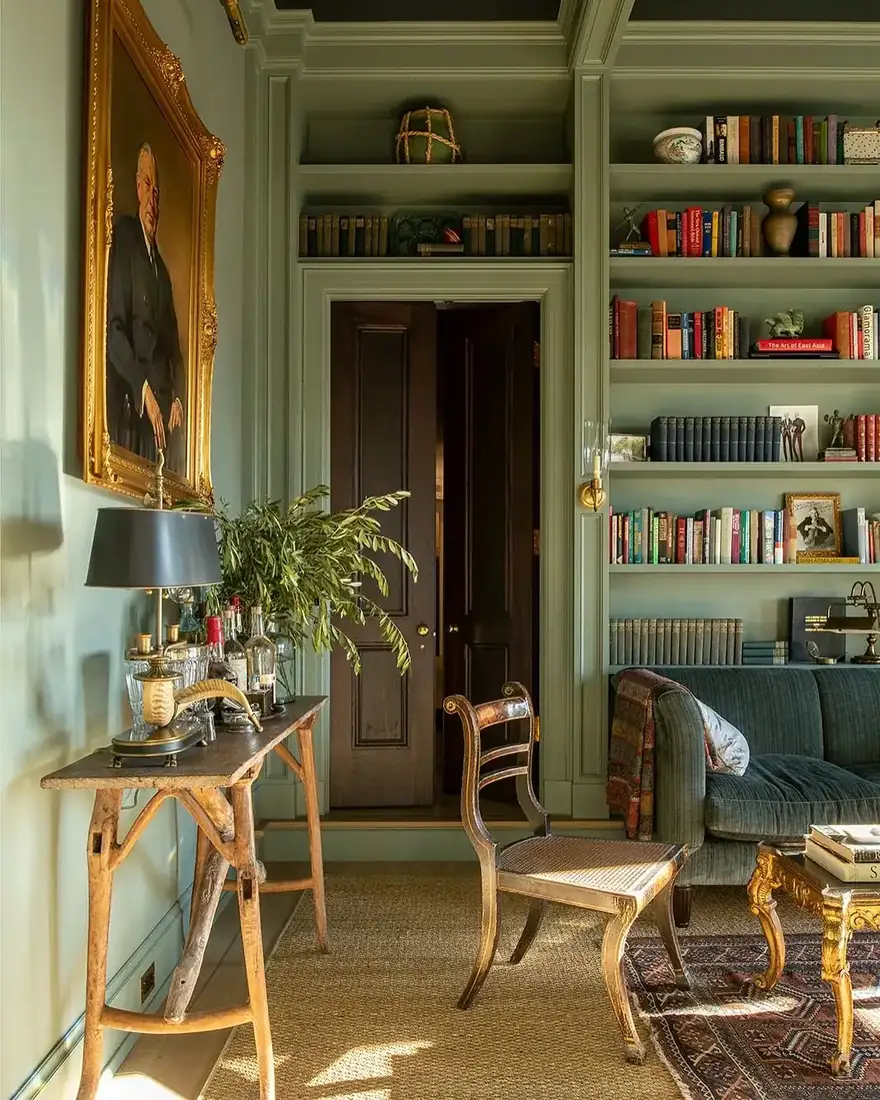 Sage green built-in bookshelves with calm styling and layered cushions