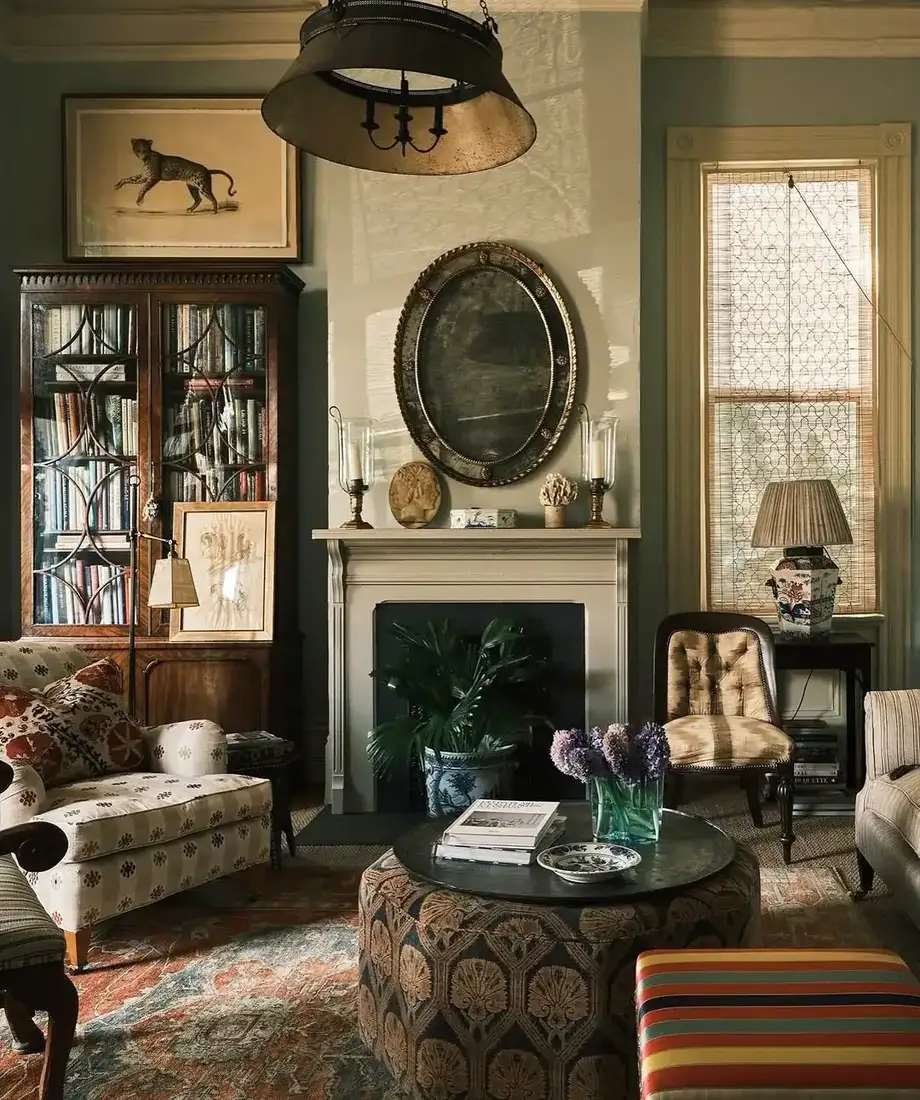 Moody traditional living room with fireplace and mantel styled with art and ceramics