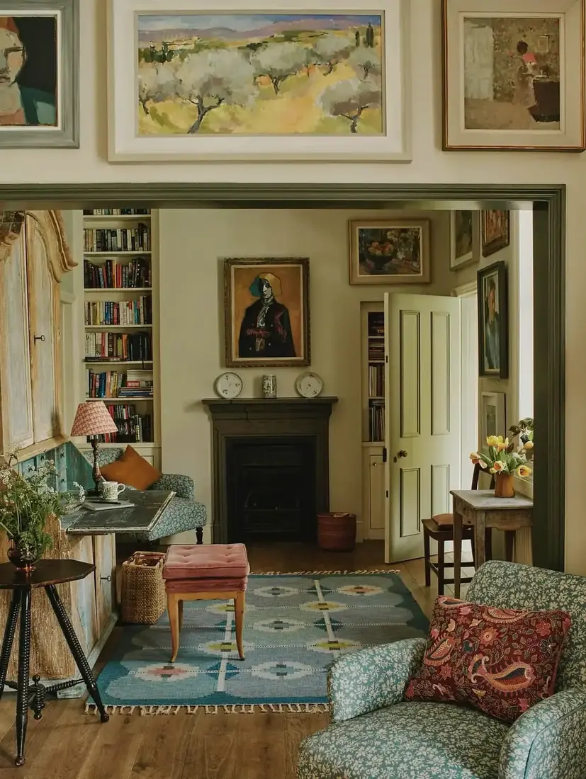 English country living room with gallery wall, floral textiles and warm lighting