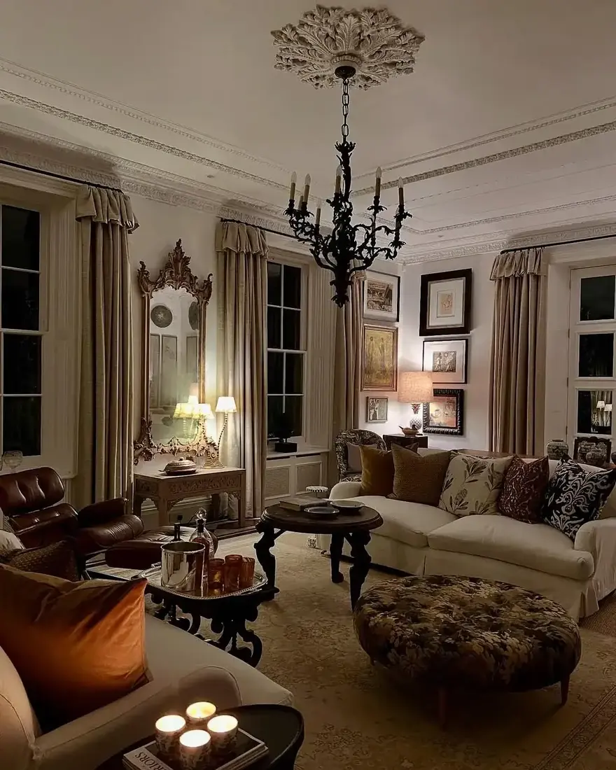 Formal English living room with ceiling medallion, floral textiles and layered light