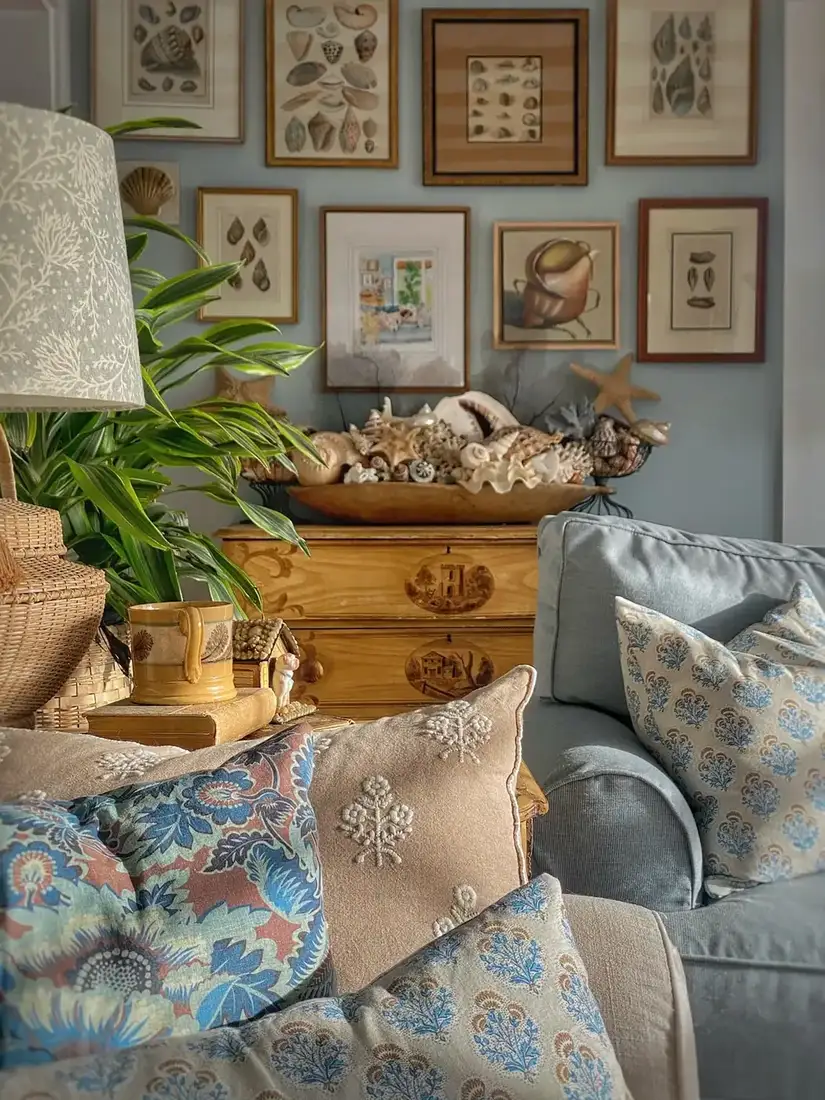 Coastal shell gallery wall in a living room with layered textiles and warm wood