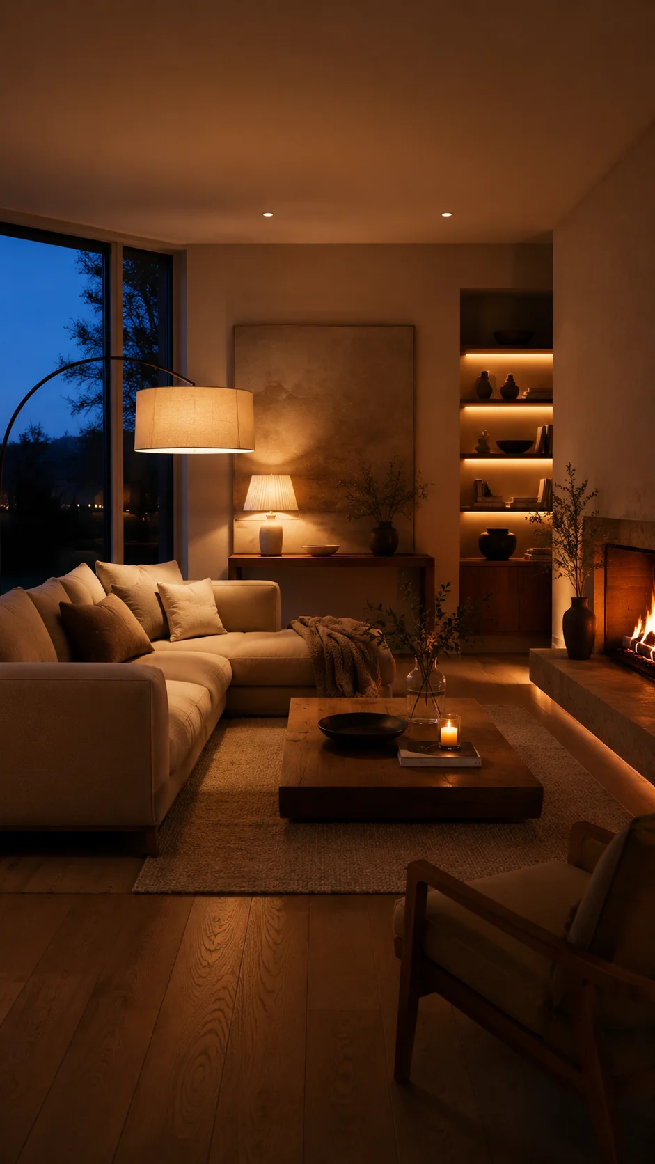 Living room in the evening lit by multiple warm sources — an arc floor lamp, a table lamp, shelf LED strips, and a fireplace
