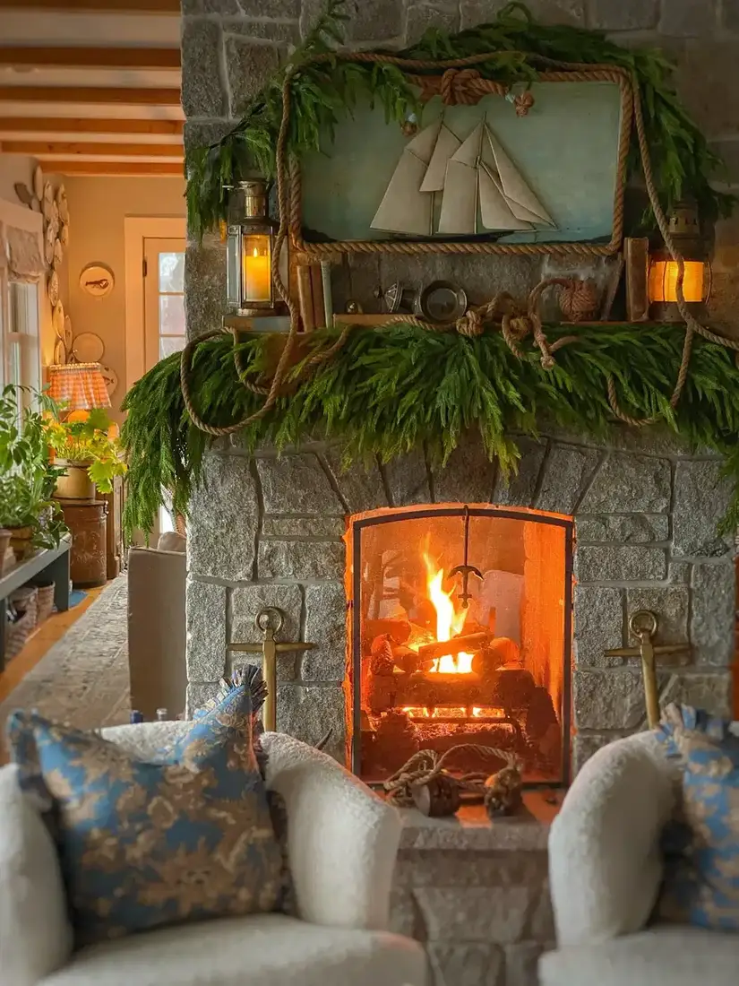 Coastal nautical fireplace mantel with soft blue and white decor