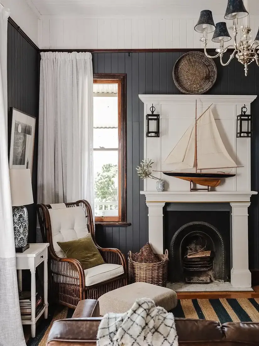 Cozy coastal living room with fireplace and relaxed seating pulled close