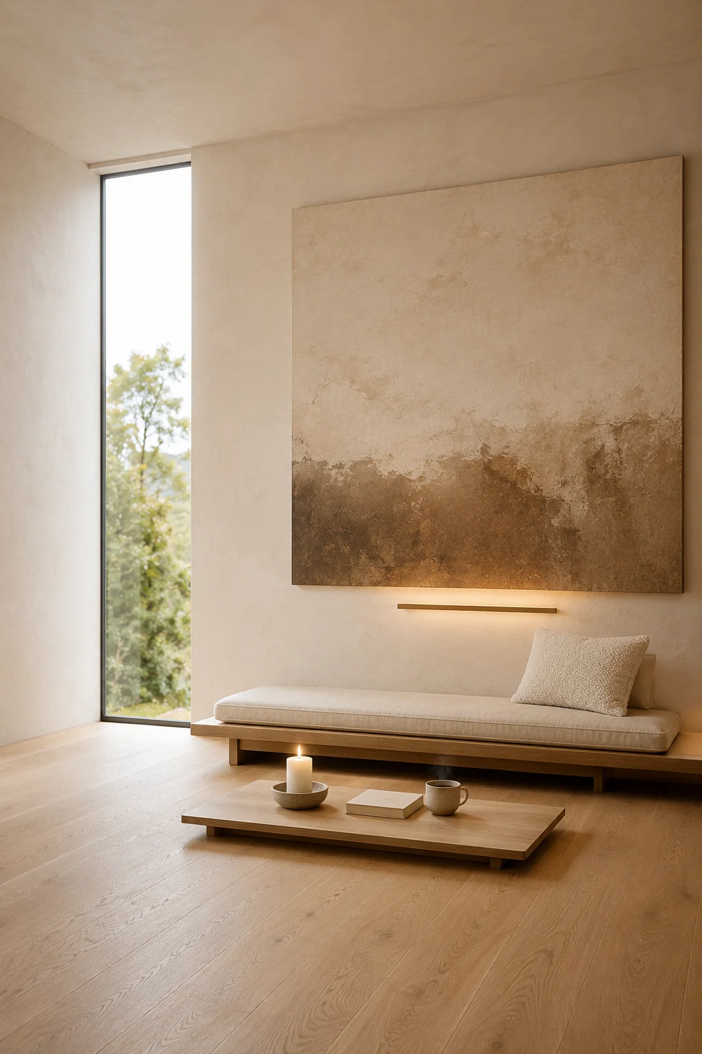 Minimalist living room with a low oak sofa, a single cushion, a low table holding three objects, and one large abstract canvas