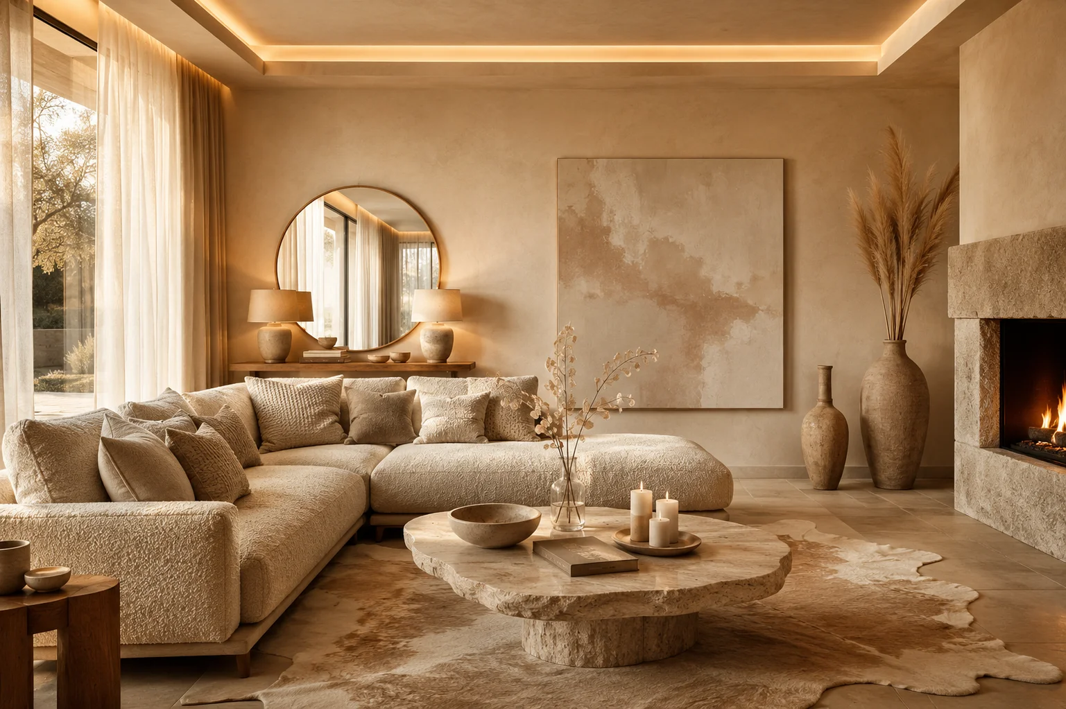 Masterfully styled neutral living room with a bouclé sectional, travertine coffee table, cowhide rug, and warm cove lighting