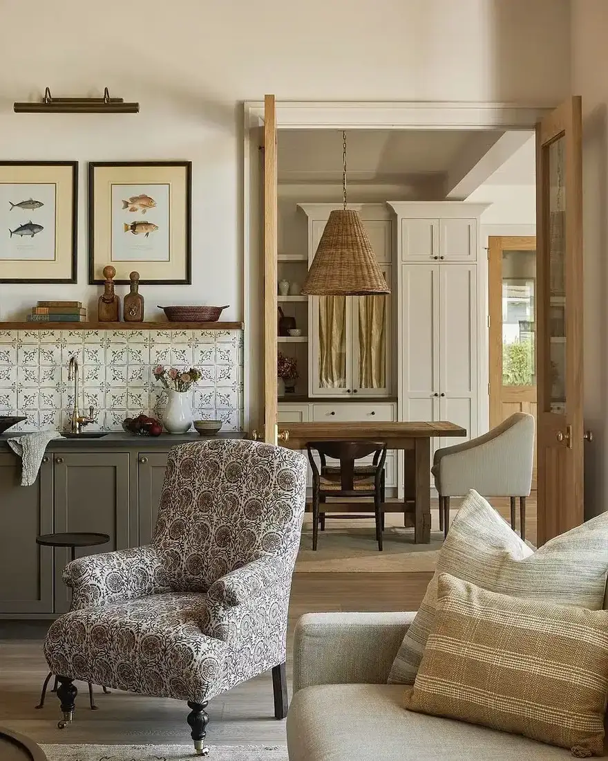 Patterned armchair in a cozy rustic living room with timber accents