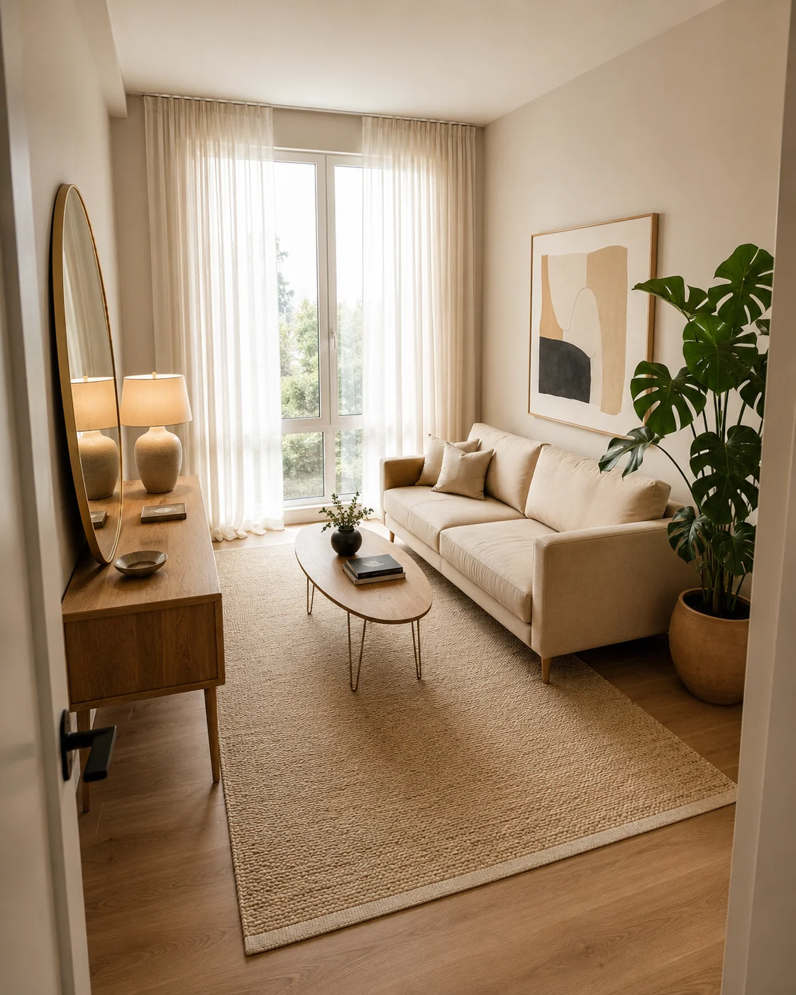 Beautifully designed compact living room with a linen sofa, oval oak coffee table, oversized round mirror, and sheer curtains