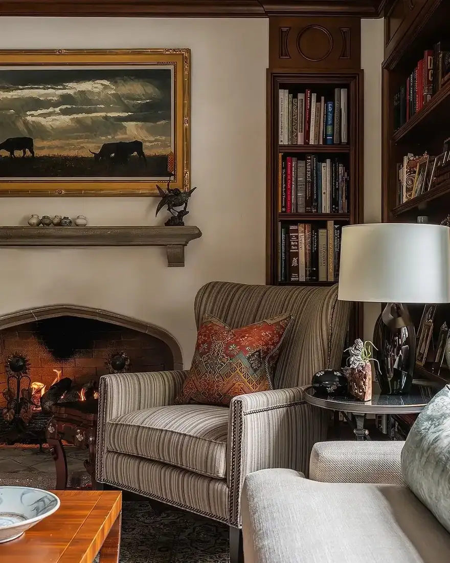 Traditional living room with stone fireplace, built-ins and warm wood mantel