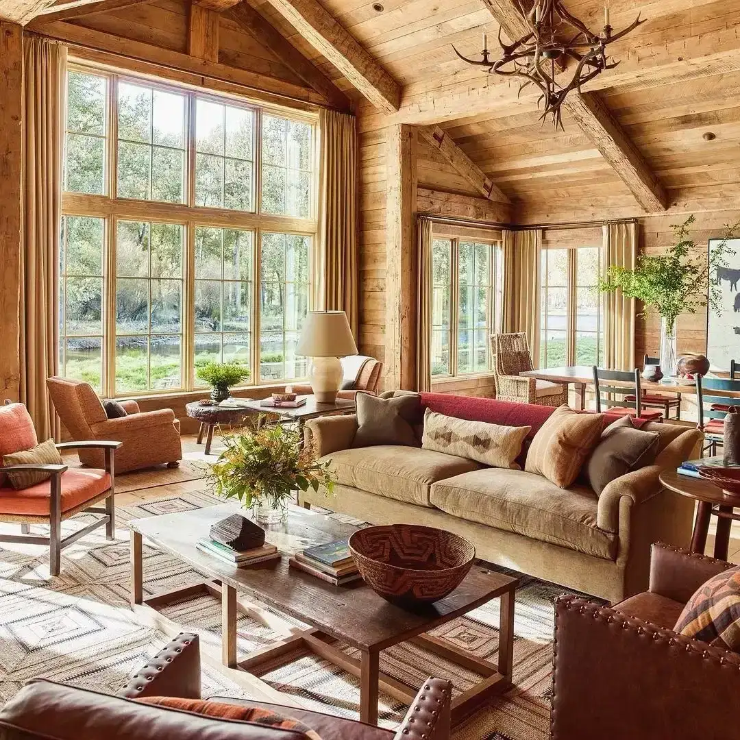 Rustic cabin living room with timber beams, warm textiles and natural light