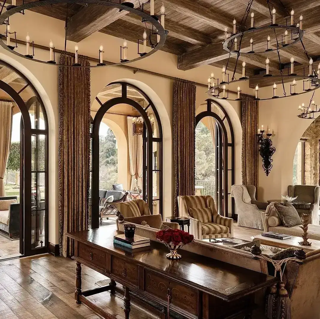 Cozy timber beam living room with reclaimed wood beams and warm lighting