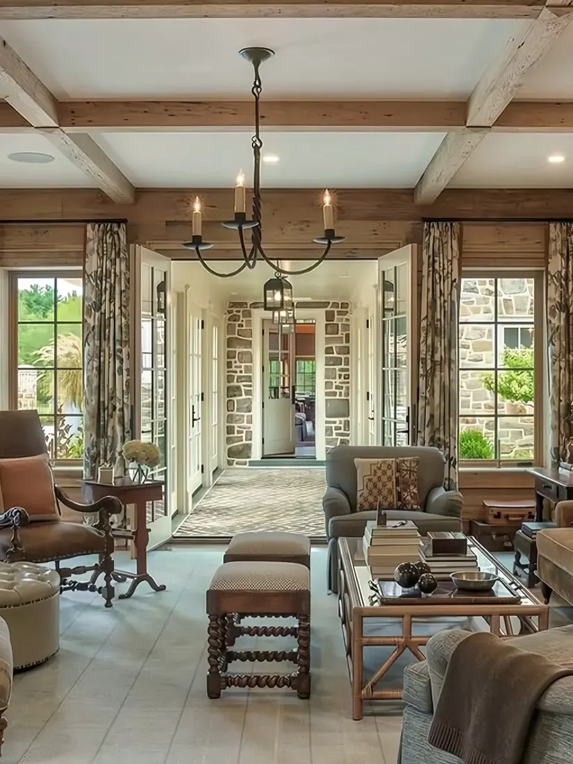 Modern timber beam living room with dark beams, pale walls and soft seating