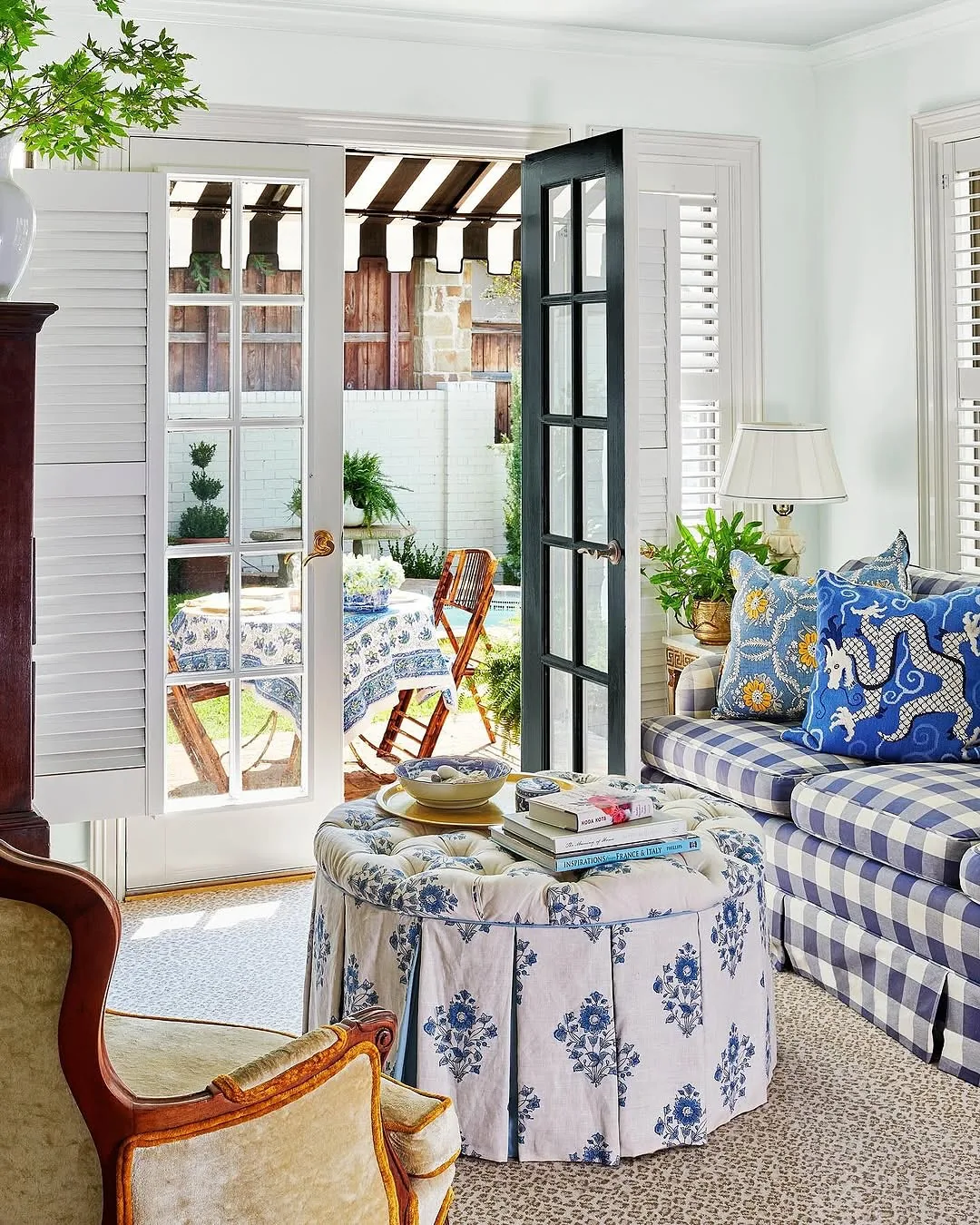 Blue and white French country living room