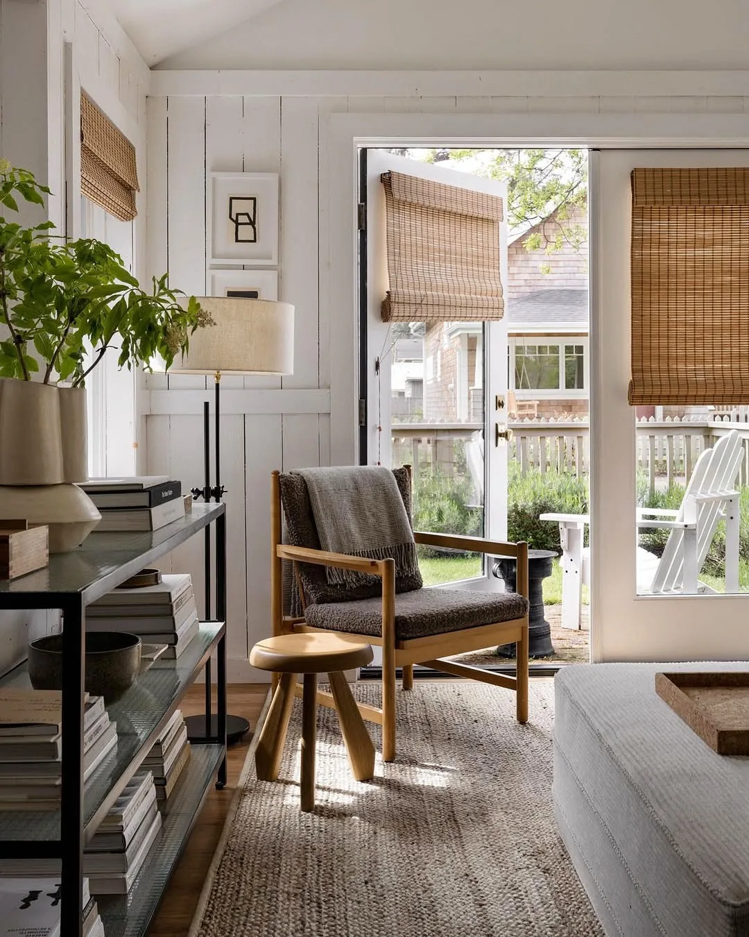 Cozy neutral living room with French doors