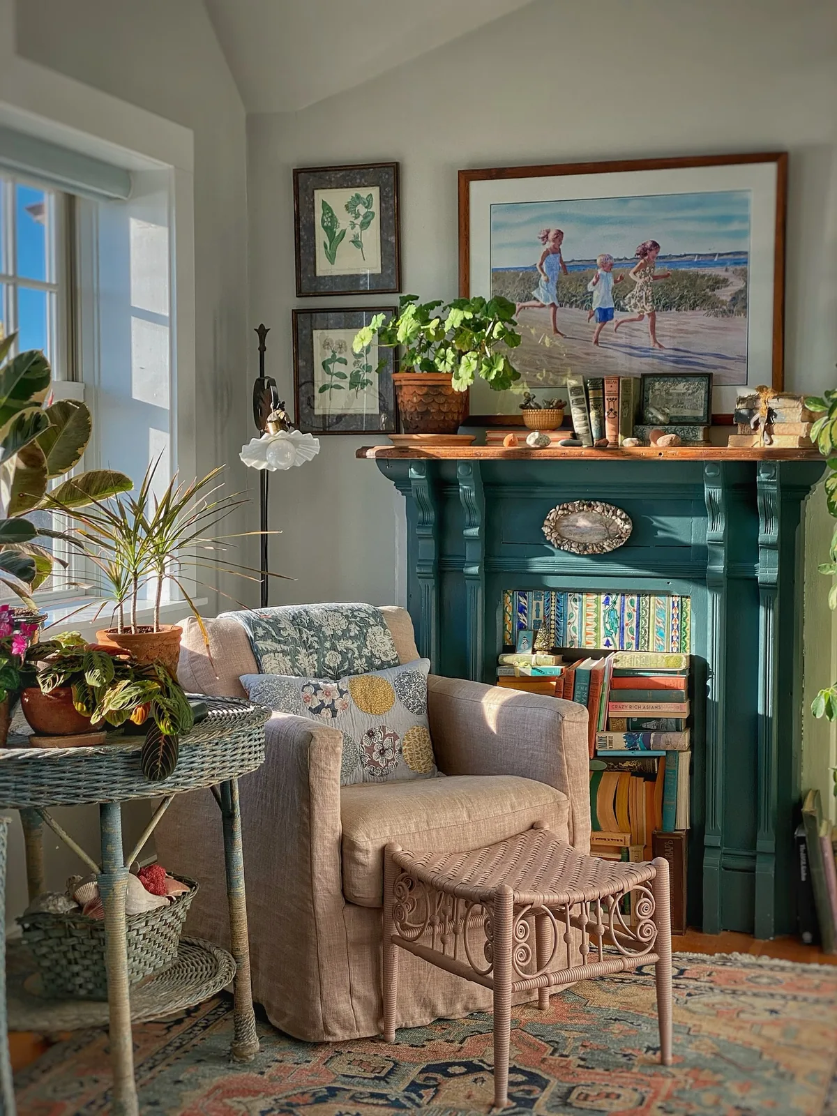 Boho living room reading nook with layered textiles and plants