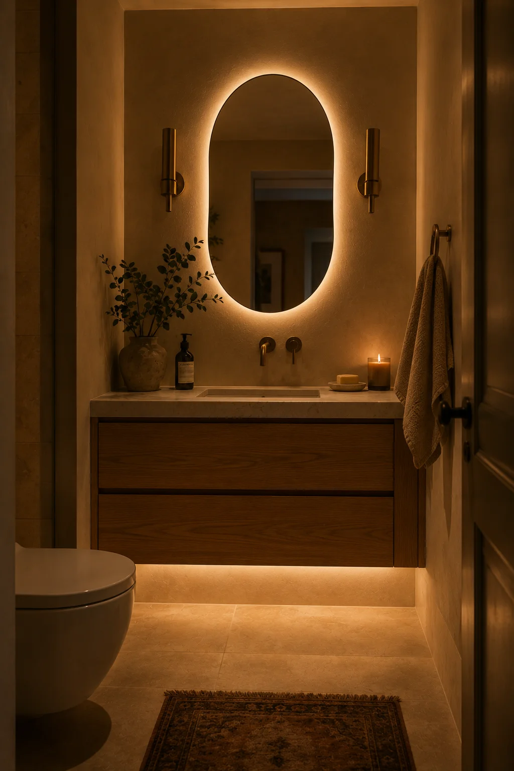 A small bathroom at evening with a warm backlit oval mirror casting a soft golden halo, floating oak vanity below, candle glowing on the countertop, toe-kick LED lighting