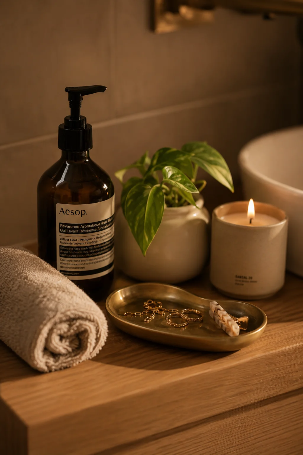 A styled bathroom vanity countertop with an Aesop soap bottle, a lit soy candle, a small pothos plant in a ceramic pot, a brass jewelry tray, and a neatly rolled linen towel