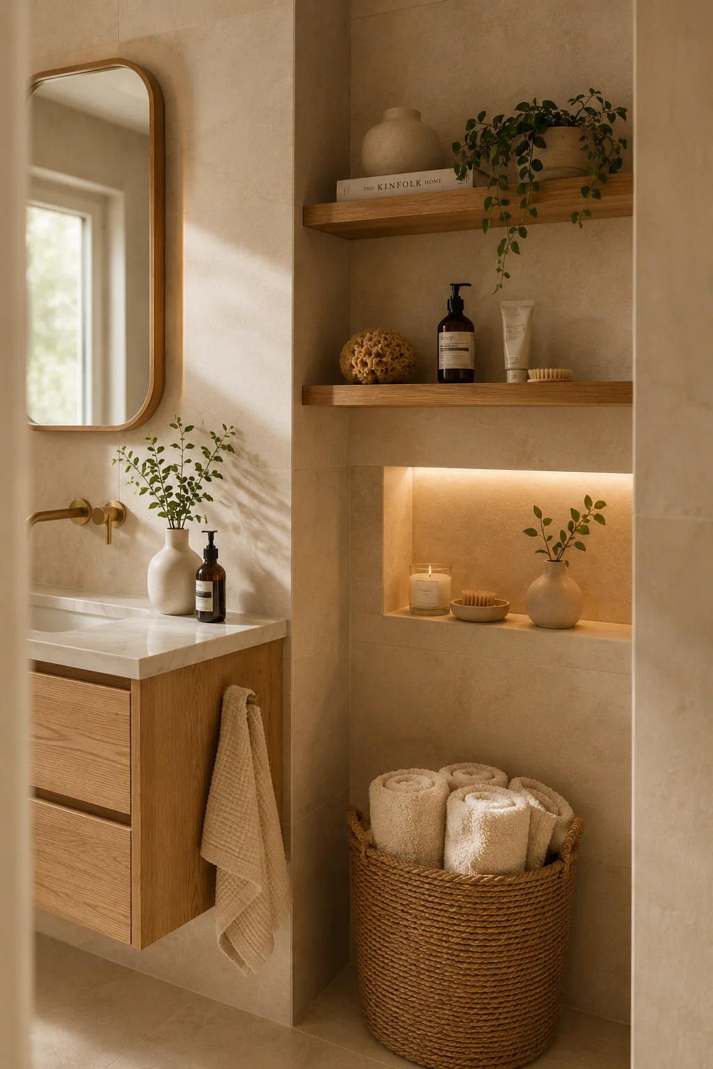 Warm bathroom with floating oak shelves holding curated items alongside a woven basket of rolled towels and a small recessed niche with candle