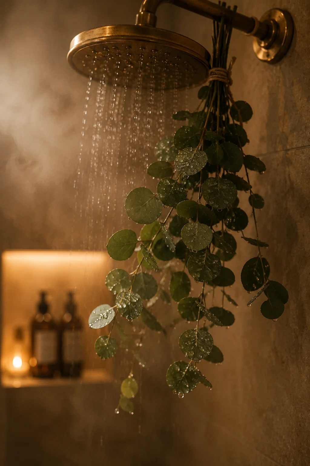 Fresh eucalyptus stems hanging from a brass showerhead with steam rising around them and a warm-glowing niche visible in the soft background