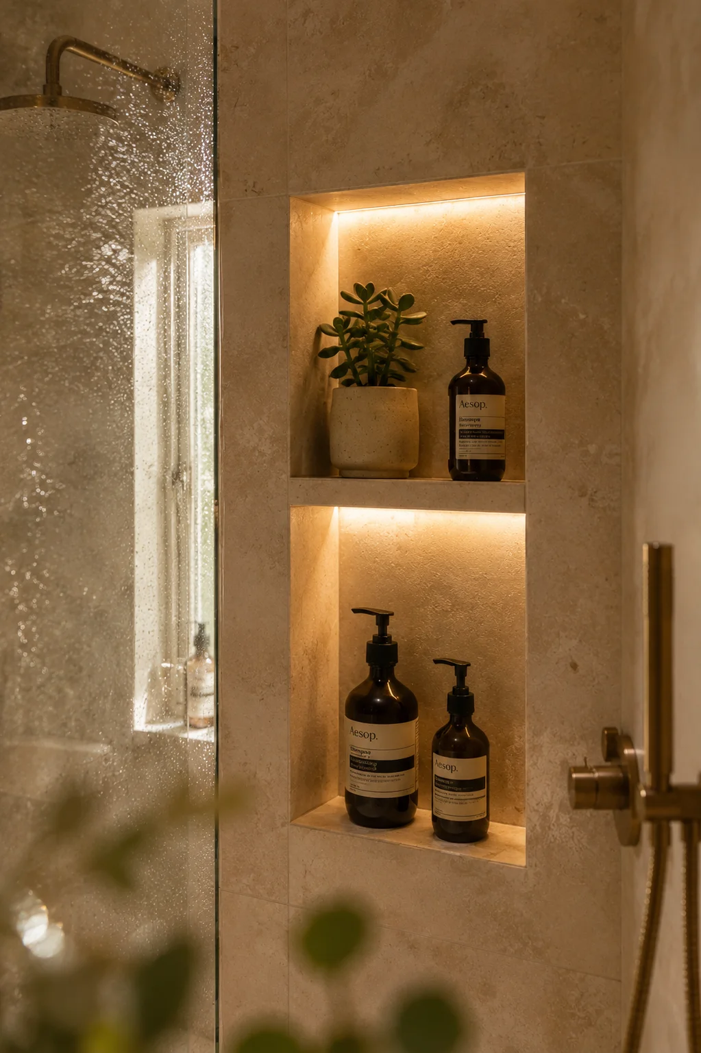 A beautifully lit two-tier recessed shower niche with warm LED strip lighting, minimalist bottles, and a small succulent plant