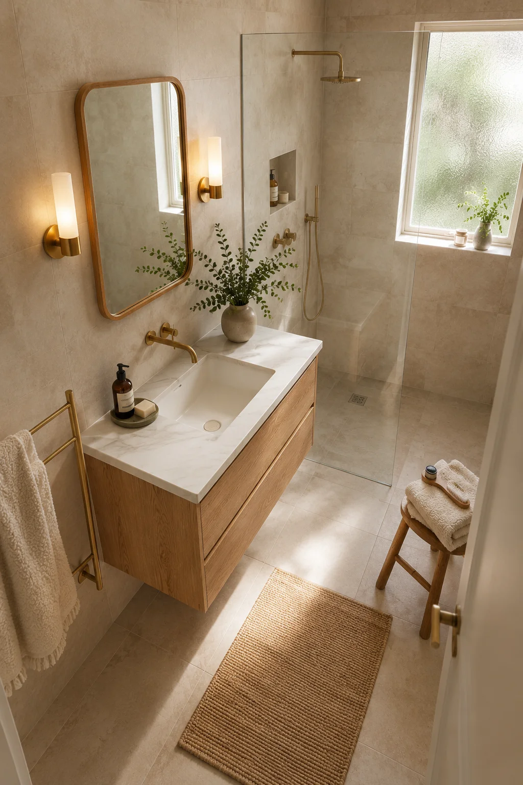 Full overhead view of a beautifully designed small Scandinavian bathroom showing large-format tiles, floating vanity, brass hardware, and frameless glass shower