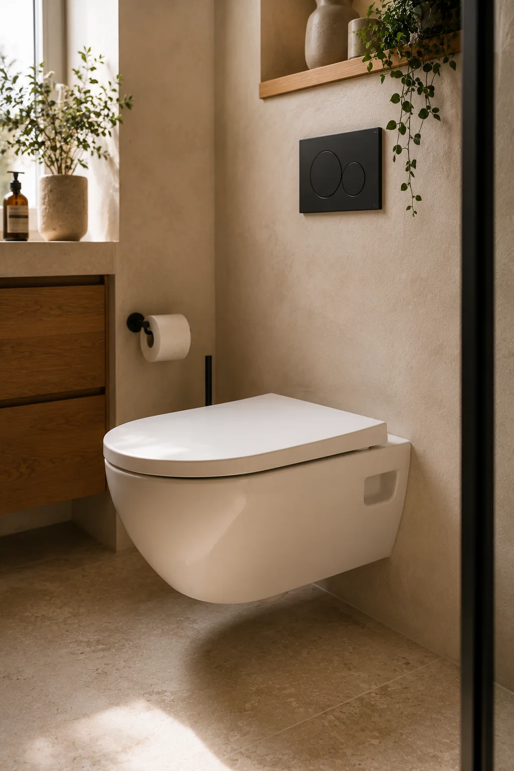 A wall-mounted toilet with matte black flush plate on a warm beige plaster wall, plants on a nearby shelf, and light tile flooring continuing underneath