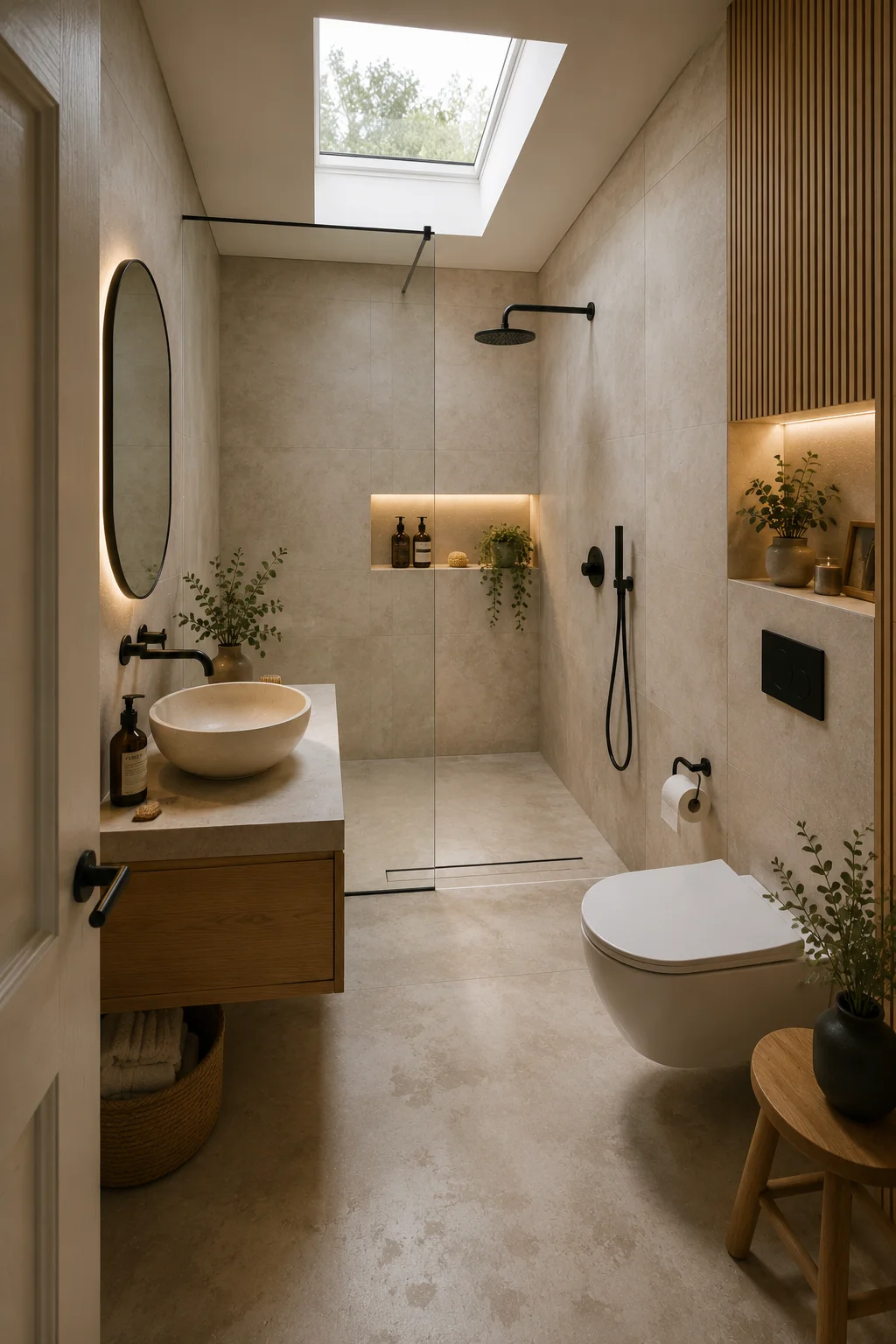 A European-style wet room bathroom with a skylight pouring natural light in, matte black fixtures, wall-mounted toilet, open shower area with linear drain