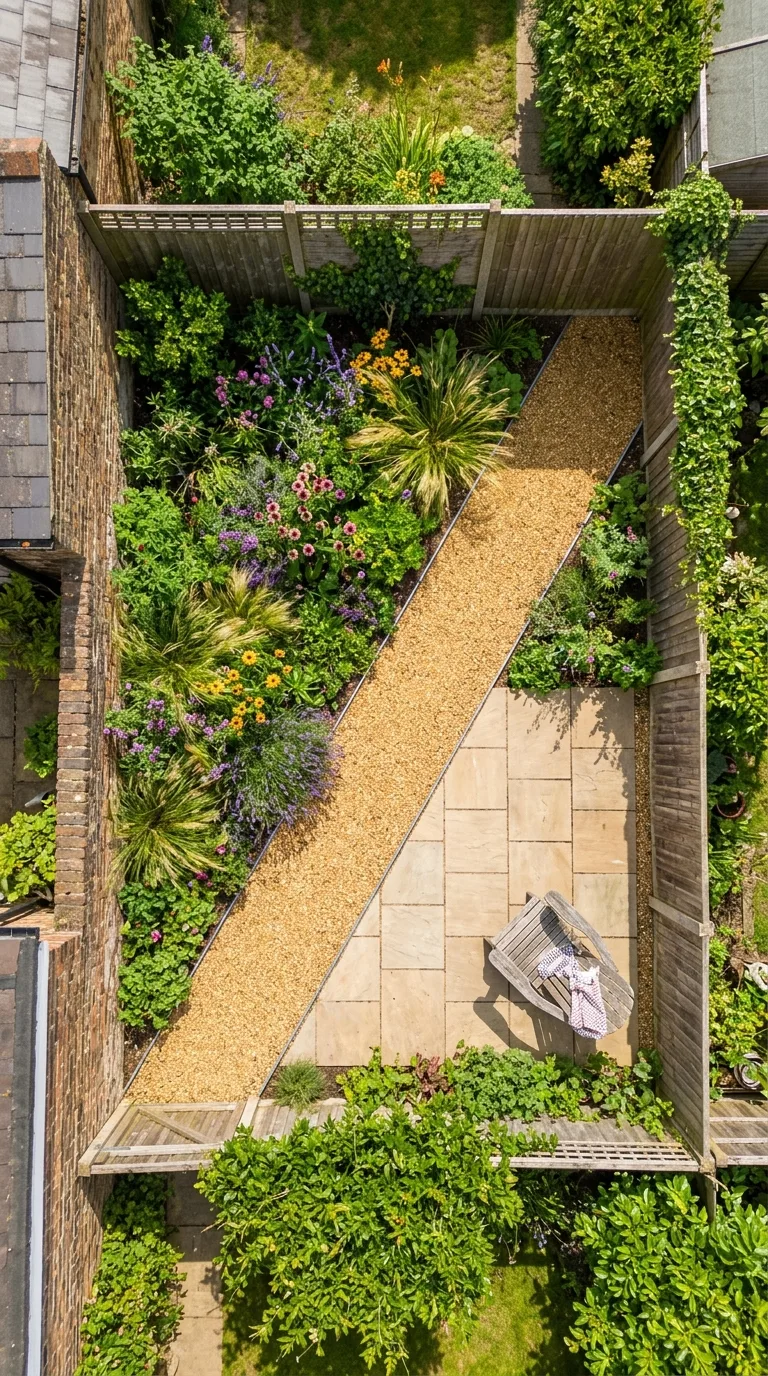 Overhead view of small garden with diagonal gravel path