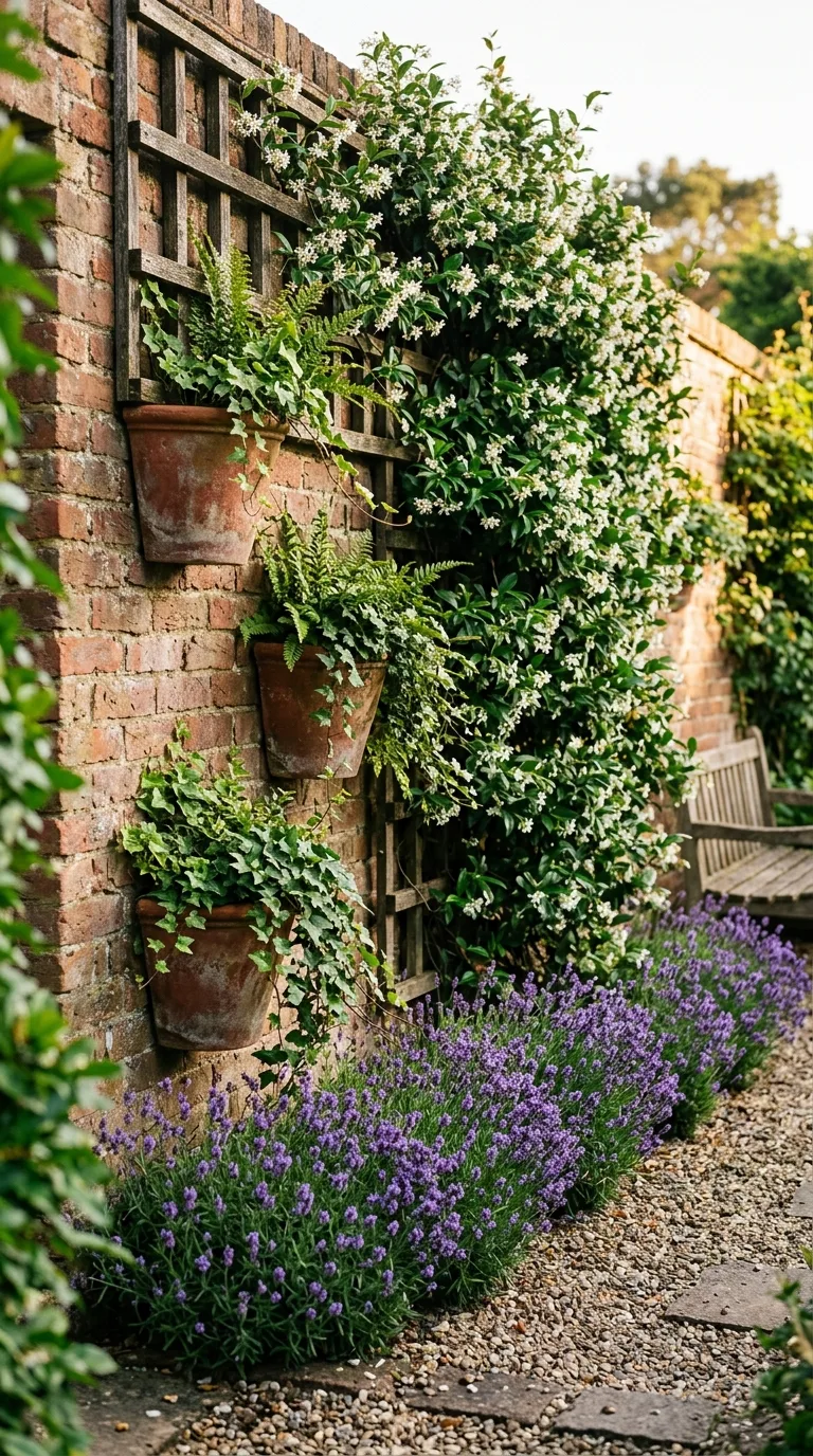 Garden wall with three vertical layers: trellis with jasmine, wall planters, and lavender border