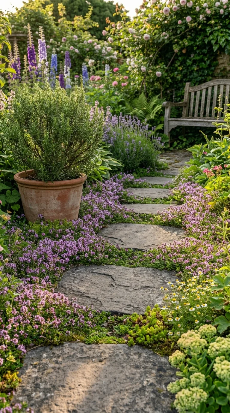 Curved stepping stone path through garden with creeping thyme