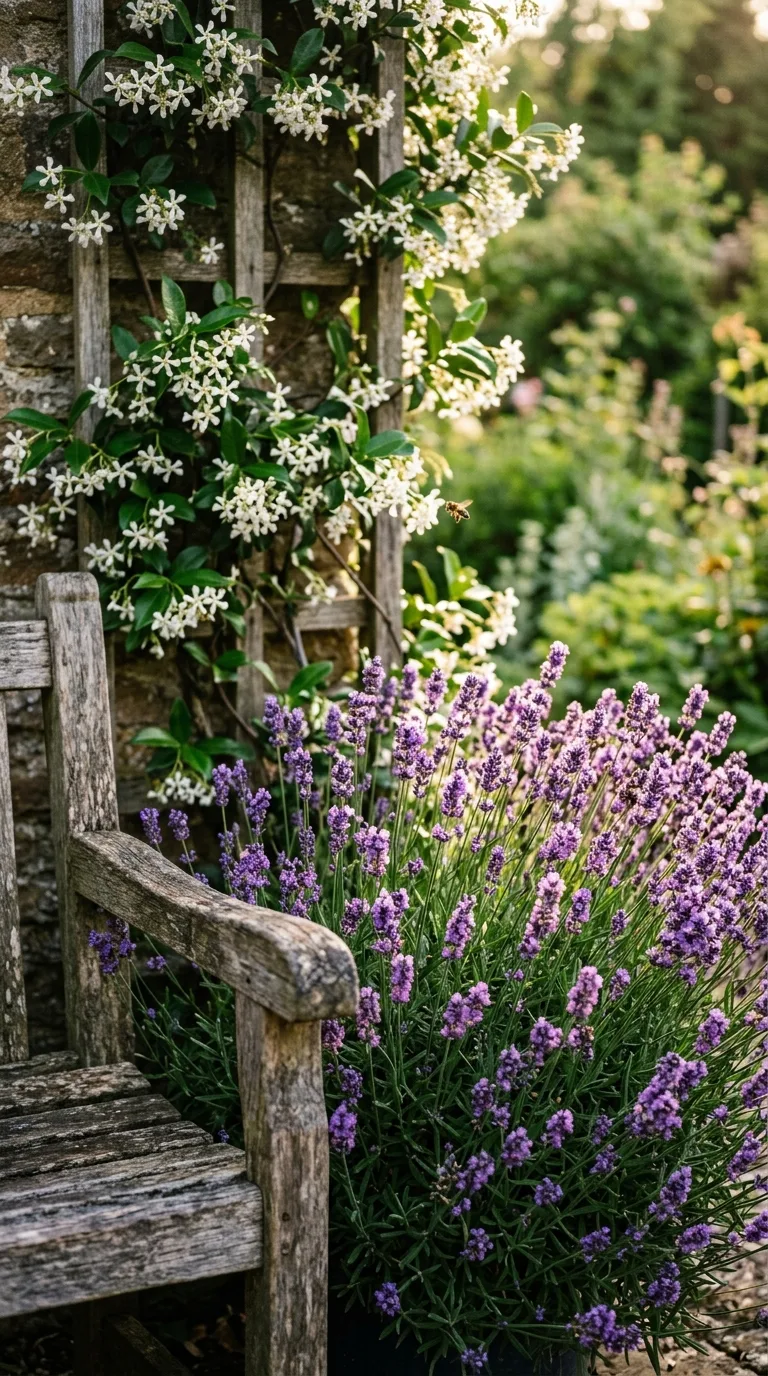 Three lavender plants grouped in natural triangular arrangement