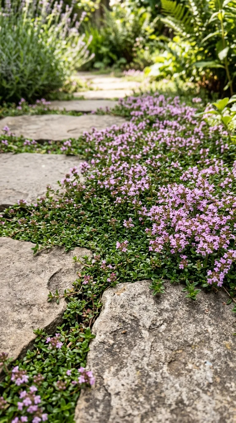 Creeping thyme growing between stone pavers