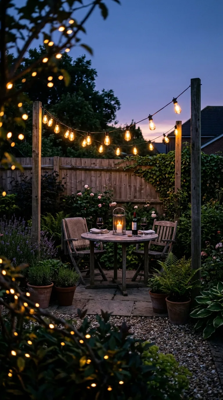 Small garden at dusk with warm string lights and candle lantern