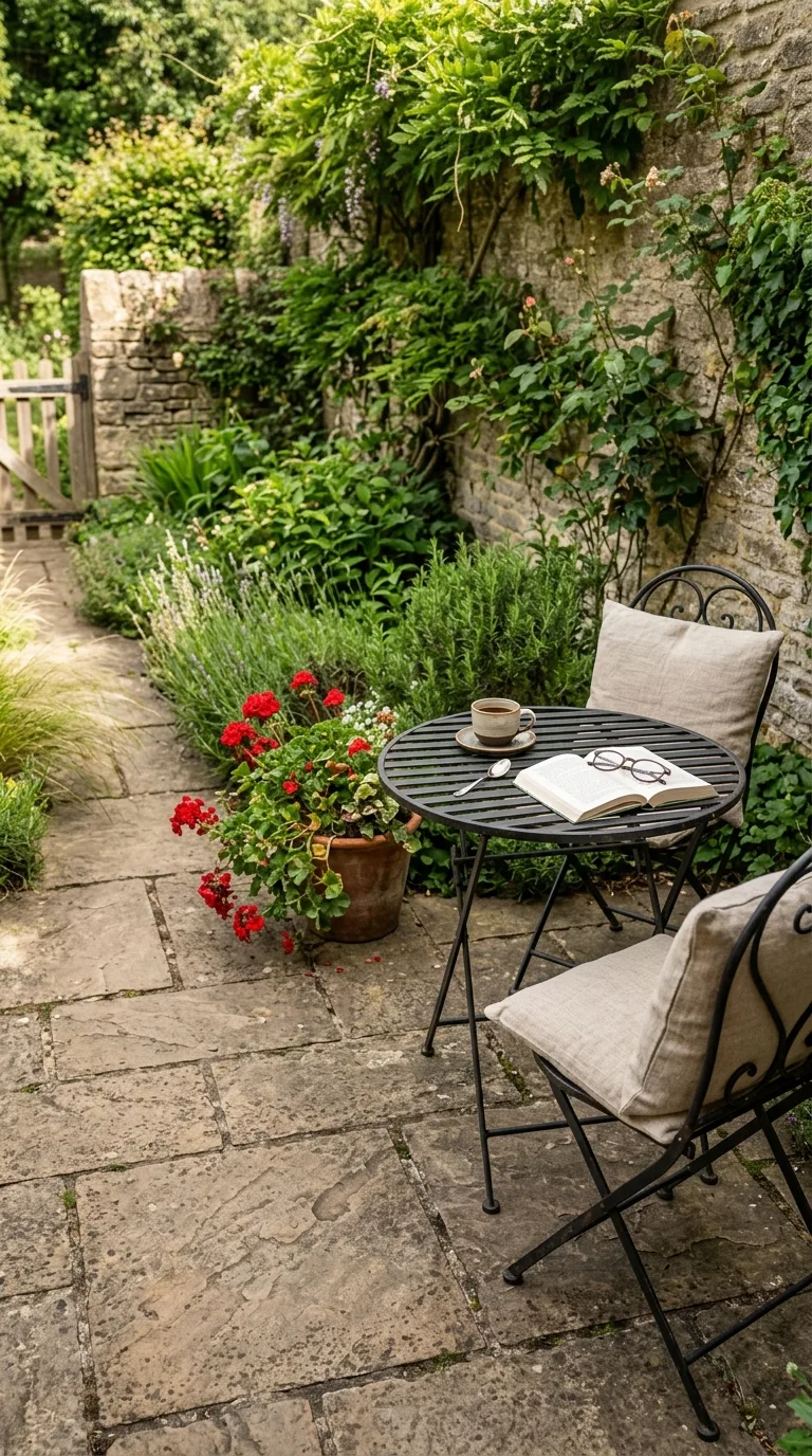 Perfectly scaled bistro set on small stone patio