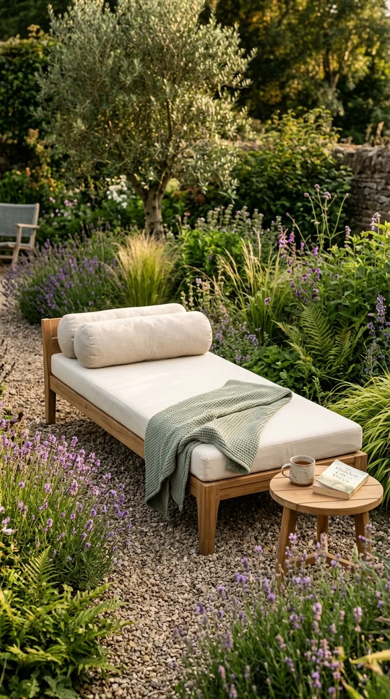 Low teak daybed as centerpiece with linen cushions and throw