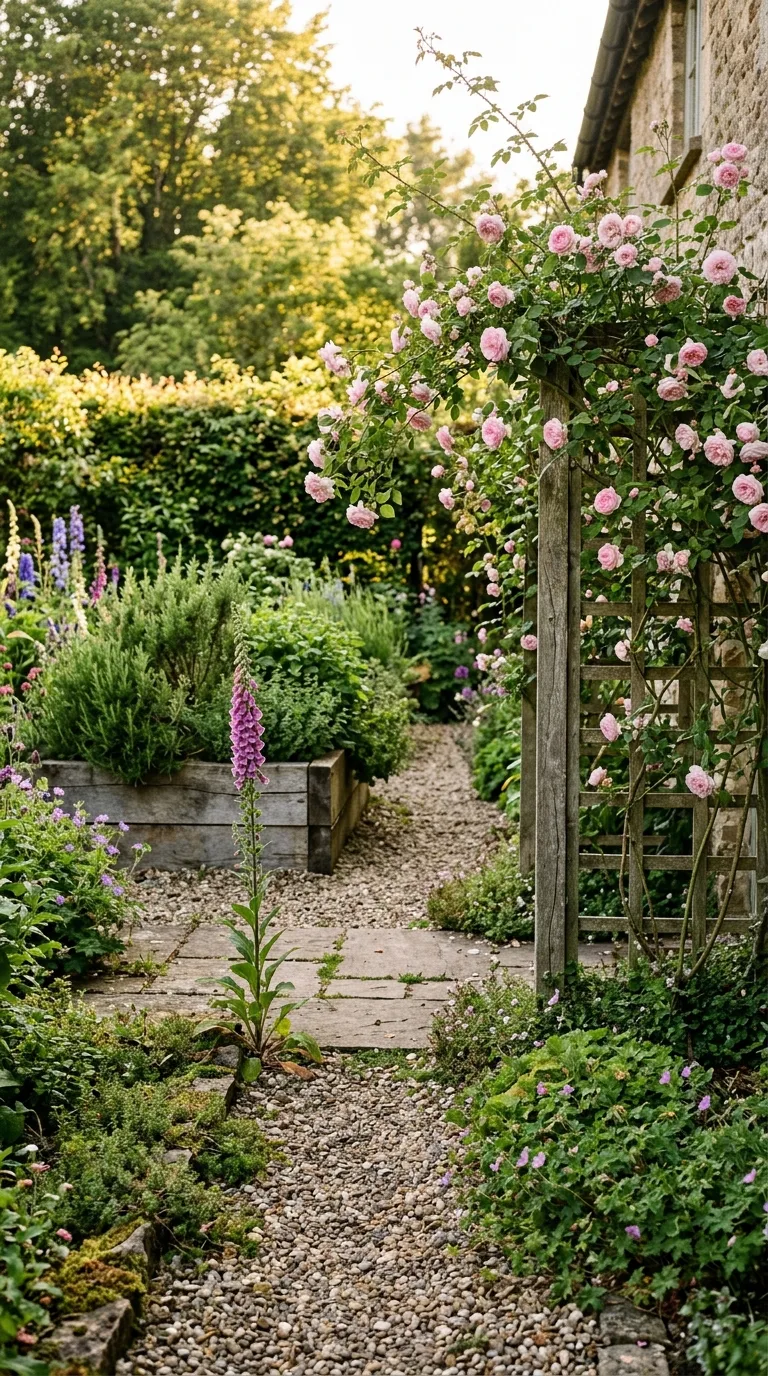 Weathered wooden door as decorative focal point at garden end